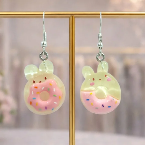 Handmade Sugar Bunny Donut Earrings | Y2K Novelty Cute Statement Jewelry - Picture 2 of 5